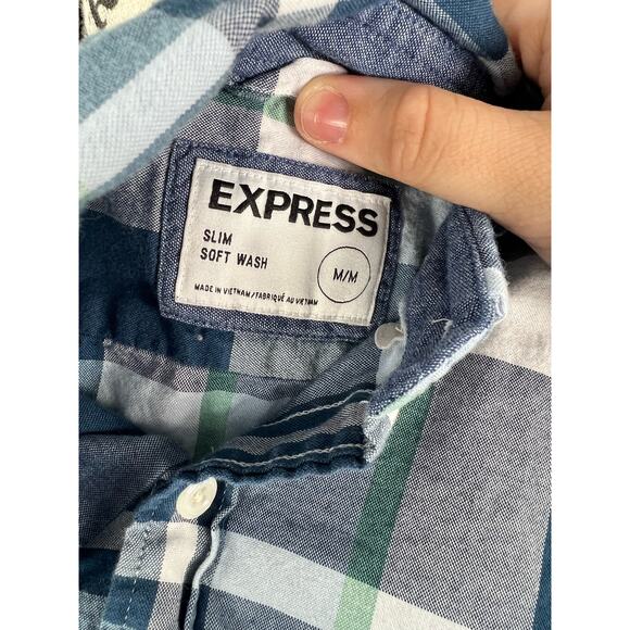 Men's Express Slim fit Soft wash blue white and green button up plaid shirt - Picture 3 of 8